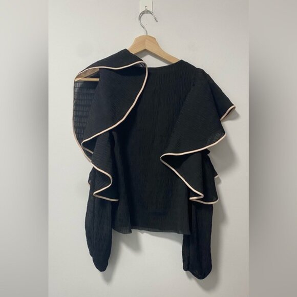 Club Monaco Ruffle-Sleeve Long Sleeve Blouse Black with White Trim – Size XS - Picture 5 of 12